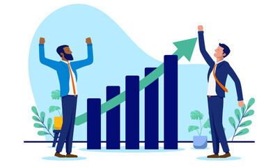 Fototapeta premium Businesspeople celebrate successful growth and increasing profits, depicted by an ascending bar chart and upward arrow, signifying financial prosperity. Flat design vector illustration