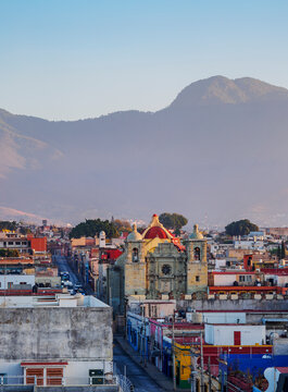 View towards the San Felipe Neri Church at sunrise, Oaxaca de Juarez, Oaxaca State, Mexico