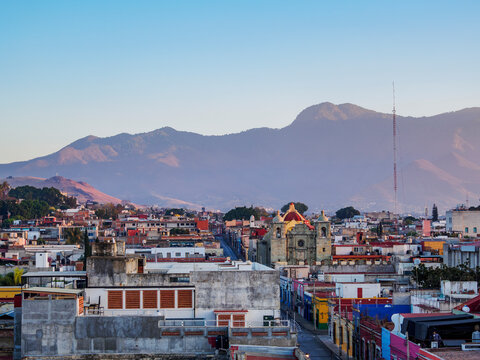 View towards the San Felipe Neri Church at sunrise, Oaxaca de Juarez, Oaxaca State, Mexico