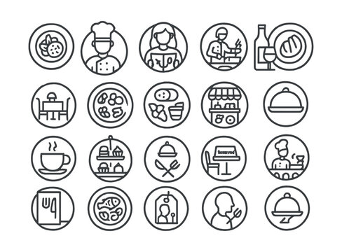 Line style icons of round food and culinary tourism: round local cuisine, round chef icon, round food tour, round cooking class, round wine icon, round bakery badge, round restaurant table, round