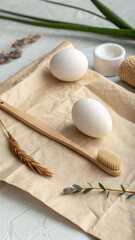 Clean scene: reusable toothbrush on minimalist white rock pedestal

