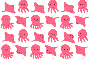 Bright seamless pattern with smiling pink octopuses on white background, ideal for marine-themed children’s prints