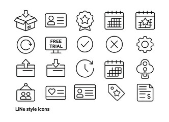 Line style icons of subscriptions and memberships: subscription box, membership card, premium badge, monthly plan, annual plan, auto-renew icon, free trial, subscription status, cancel subscription,