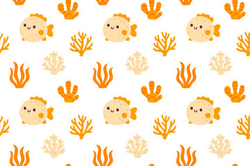 Fototapeta premium Cute beige pufferfish and seaweed elements arranged in a seamless ocean-themed pattern on white background