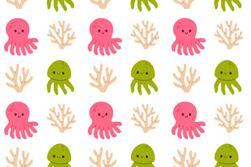 Playful seamless pattern with pink and green octopuses and beige coral, perfect for ocean-themed educational visuals