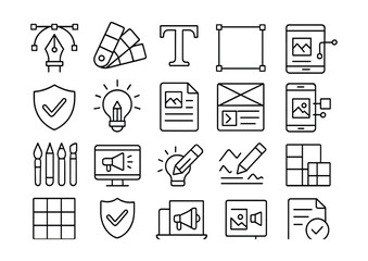 Line style icons of creative and graphic marketing: design tool, color palette, typography icon, layout frame, mockup icon, branding element, creative asset, design brief, wireframe icon, prototype