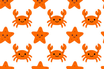 Bright seamless pattern with orange starfish and crabs on a clean background, ideal for playful ocean-themed prints for children