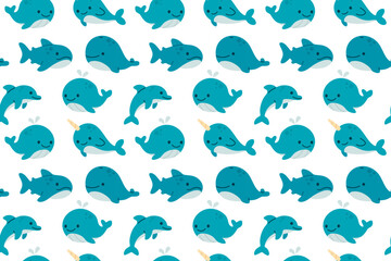 Seamless marine pattern with blue whales and narwhals swimming across a clean white background for ocean-themed children’s decor © vicktoriabbk