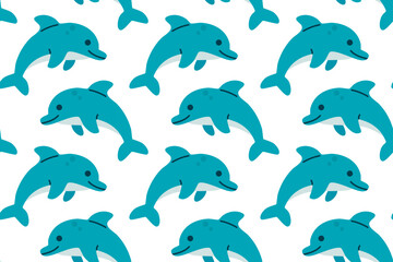 Seamless repeat of smiling blue dolphins on white, great for kids’ marine themes and educational materials