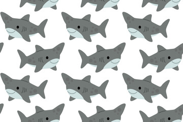 Simple seamless pattern featuring gray sharks swimming on a white background, perfect for marine-themed projects