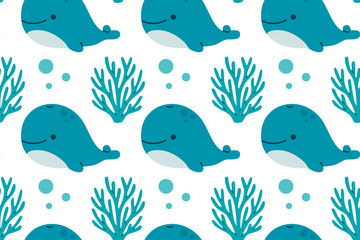 Obraz premium Blue whales swimming among coral and seaweed in a seamless pattern, great for educational, marine, or decor use