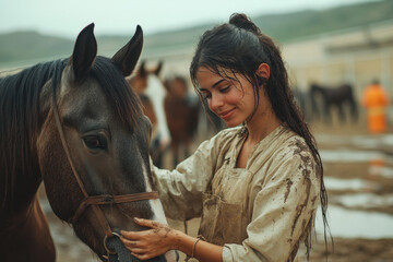Fototapeta premium Woman petting horse in muddy field.