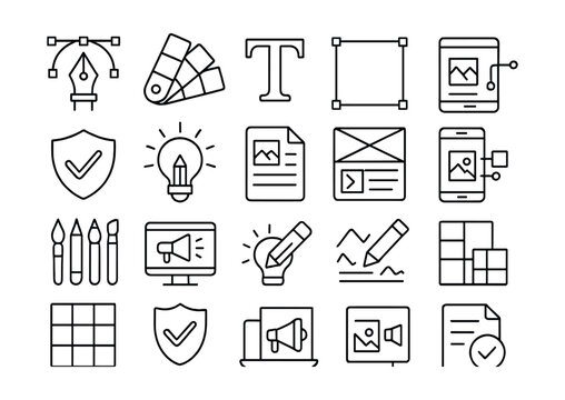 Line style icons of creative and graphic marketing: design tool, color palette, typography icon, layout frame, mockup icon, branding element, creative asset, design brief, wireframe icon, prototype