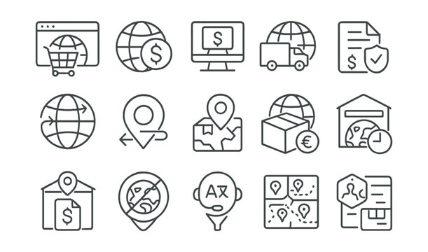 Line style icons of global and local shopping: international order, currency selector, regional pricing, global shipping, customs fee, language switch, location icon, worldwide delivery, domestic