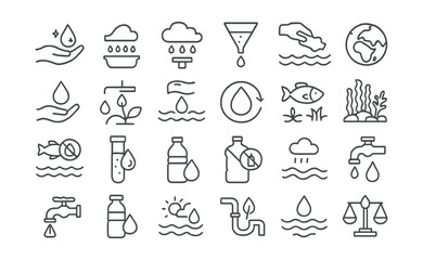 Line style icons of water protection and purity: clean water icon, rainwater collection, water filter, ocean cleanup, water conservation, drip irrigation, sustainable water use, fresh water source,