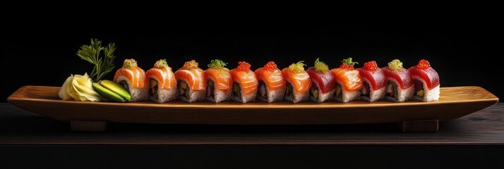 Exquisite sushi platter featuring an assortment of colorful and fresh sushi rolls