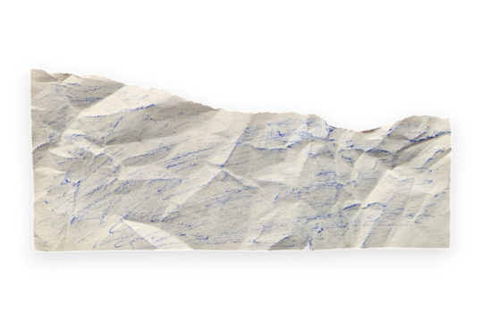 Crumpled paper with blue markings on a transparent background showcasing texture and artistic expression - Powered by Adobe