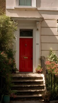Elegant house facade featuring a vibrant red front door, stone steps, and blooming flowers, with a classic architectural design