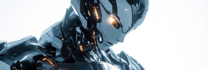 Futuristic humanoid robot with intricate armor and glowing energy details