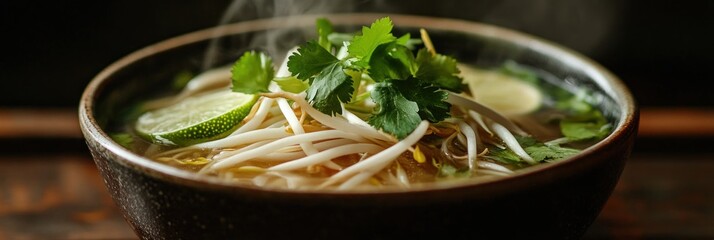 Aromatic Vietnamese pho: Close-up shot of steaming bowl with fresh herbs and lime