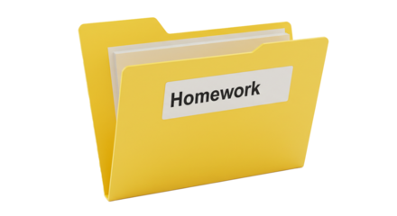 Yellow homework folder with papers for school assignments and education organization for students on transparent background