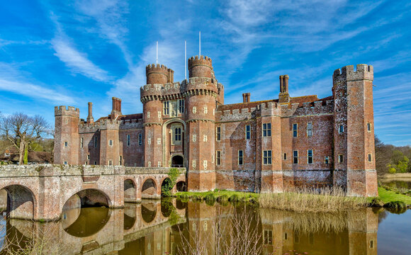The brick built 15th century Herstmonceux Castle, East Sussex, England, UK