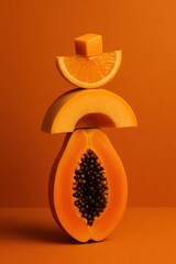 Tropical fruits and orange food composition with papaya, orange slices, melon, mango, pumpkin, and cheese cubes stacked vertically. Studio still life photography