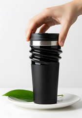 Hand gripping lid of black travel mug on plate