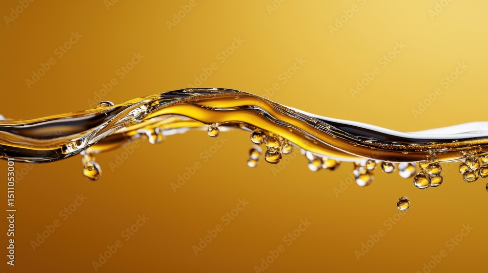 Poster a wave of liquid with droplets of oil on top. the droplets are small and spread out, creating a sens