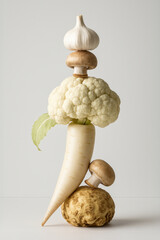 Whole garlic, mushrooms, cauliflower, parsnip and celeriac root balanced in vertical composition. Studio food monochrome photography. Healthy vegetable diet and raw ingredients concept. 