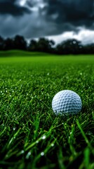 Obraz premium A golf ball is sitting on a grassy field. The sky is dark and cloudy, and the grass is wet