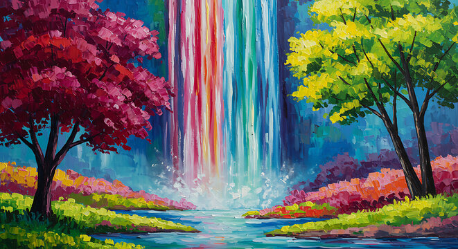 A vibrant painting showcases a colorful waterfall cascading between trees with red and yellow foliage, creating a serene, whimsical landscape scene with bright hues.