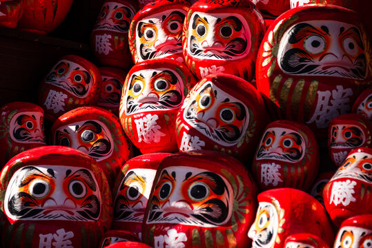Red Daruma figures, lucky charm of Shintoism, Katsuo-ji Temple, Minoh National Park, Osaka, Japan