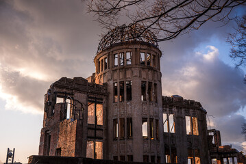 The Hiroshima Peace Memorial (Genbaku Dome). A-Dome with dramatic clouds and warm light. Hiroshima, Japan