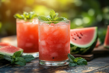 Watermelon cocktail garnished with mint leaves.