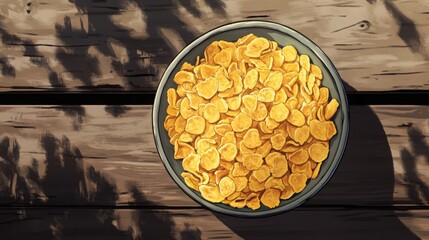 Morning Crunch: Bowl of Cornflakes on Wooden Table

