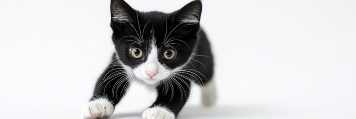 Adorable tuxedo kitten poised for action against a clean white backdrop