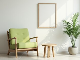 Bright interior corner with pistachio-colored chair and light wooden coffee table, minimalist wall art, green plant in ceramic pot.

