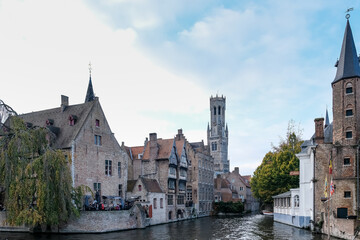View from the Rozenhoedkaai, overlooking historic canals and medieval architecture, Bruges, Belgium