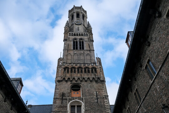 Architectural detail of the Belfry of Bruges, a medieval tower in the city center, Bruges, Belgium