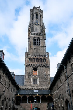 Architectural detail of the Belfry of Bruges, a medieval tower in the city center, Bruges, Belgium