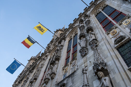 Architectural detail of the City Hall, a late-Gothic landmark, Bruges, Belgium