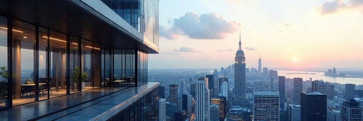 Naklejka premium Sleek modern skyscraper offices with panoramic city views High-rise building exterior, glass facade, urban landscape, corporate architecture , panorama, contemporary, downtown