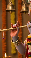 A hand with colorful accessories plays a flute, adorned by intricate henna designs