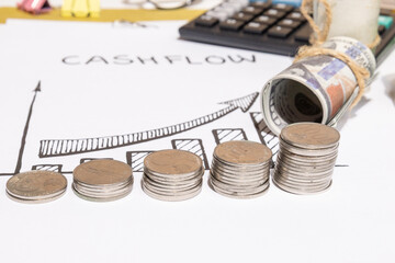 Cash Flow Bar Graph with Coins and Currency – Illustrating Financial Trends and Business Stability