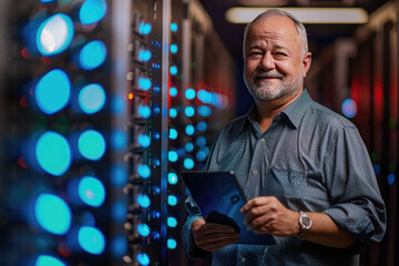Senior IT expert inspecting a futuristic server room with glowing blue lights and advanced technology