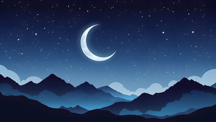 Obraz premium Starry Night Sky with Moon Over Mountains and Trees