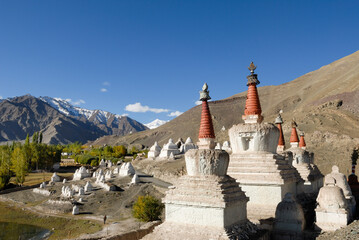 Tibetan stupas (Chorten) at the foot of Stok Royal Palace, residence of the Namgyal dynasty, Ladakh region, state of Jammu and Kashmir, India, Asia
