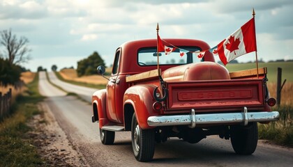 Nostalgic red vintage pickup truck adorned with Canadian flags, back view