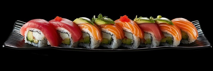 Exquisite sushi platter featuring fresh salmon, tuna, and avocado on black plate